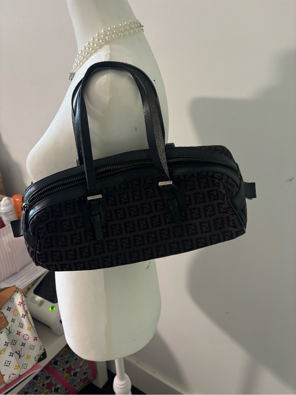 Fendi Black Leather Trim Monogram Barrel Bag (Interior View) - Picture 1 of 4